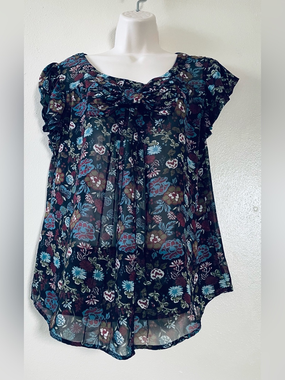 Sheer Floral Ruffle-Sleeve Blouse in Black & Teal